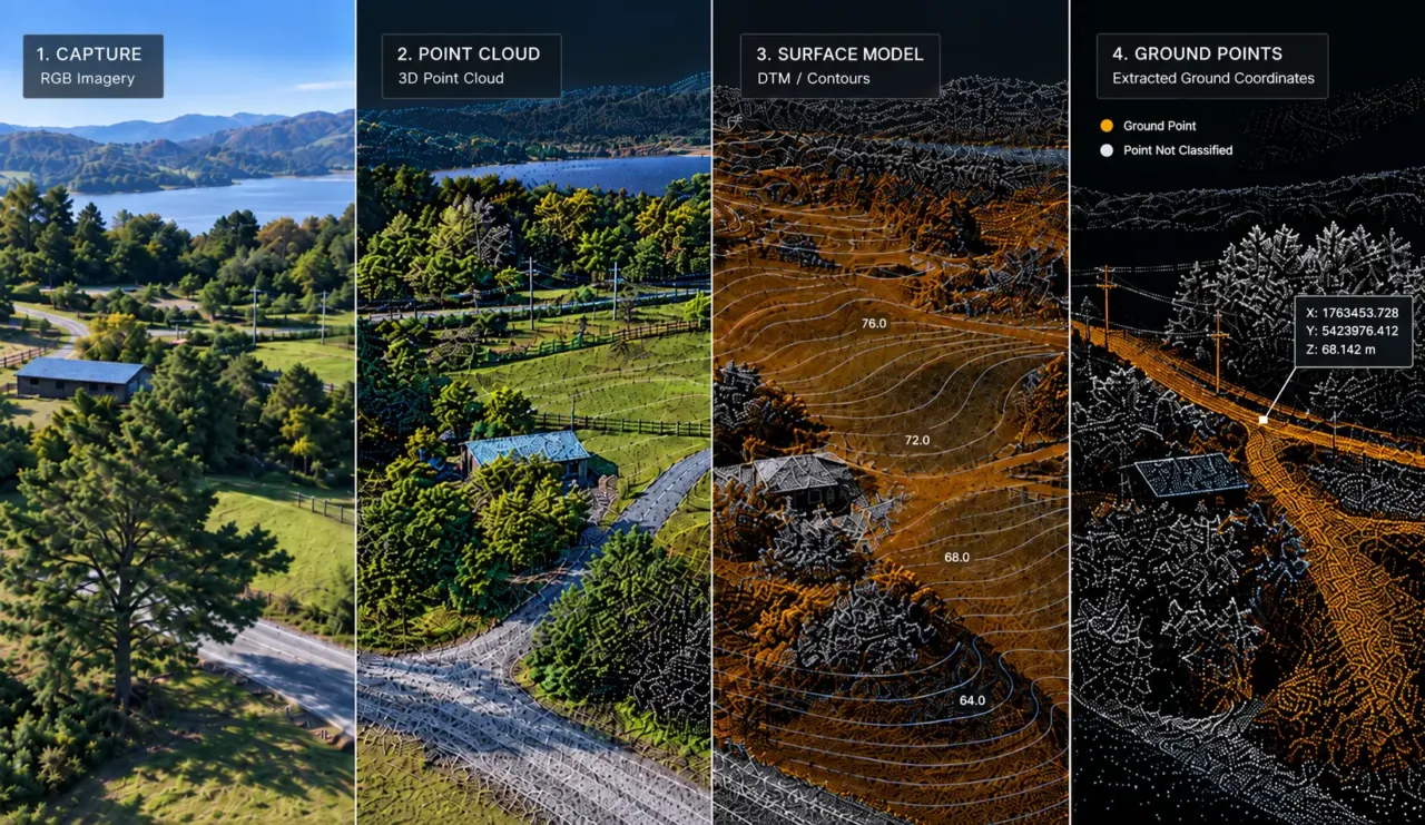 The survey workflow: capture, point cloud, surface model, ground points